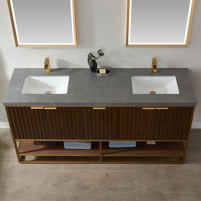 Vinnova Donostia Double Vanity in Walnut with Grey Composite Armani limestone board stone countertop, Optional With Mirror