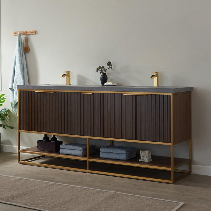 Vinnova Donostia Double Vanity in Walnut with Grey Composite Armani limestone board stone countertop, Optional With Mirror