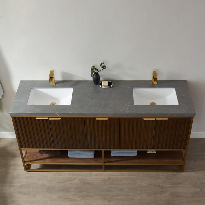 Vinnova Donostia Double Vanity in Walnut with Grey Composite Armani limestone board stone countertop, Optional With Mirror