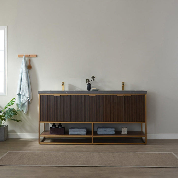 Vinnova Donostia Double Vanity in Walnut with Grey Composite Armani limestone board stone countertop, Optional With Mirror