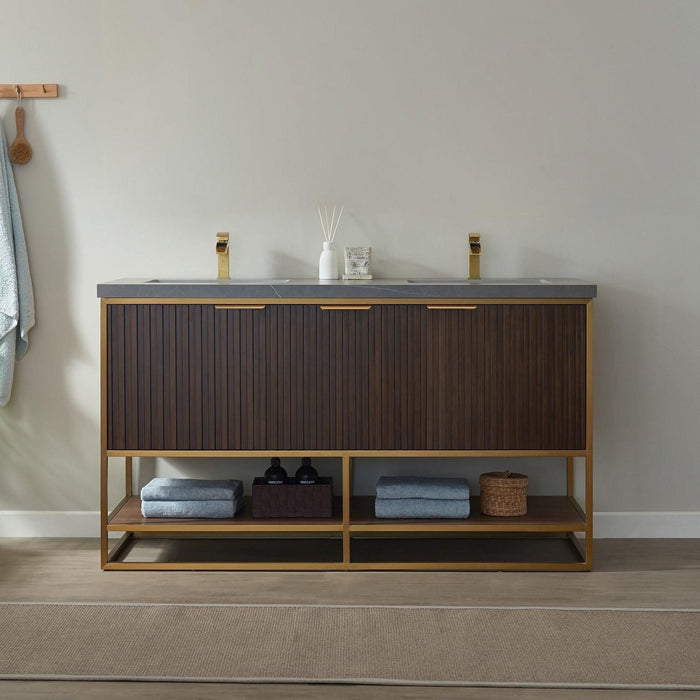 Vinnova Donostia Double Vanity in Walnut with Grey Composite Armani limestone board stone countertop, Optional With Mirror