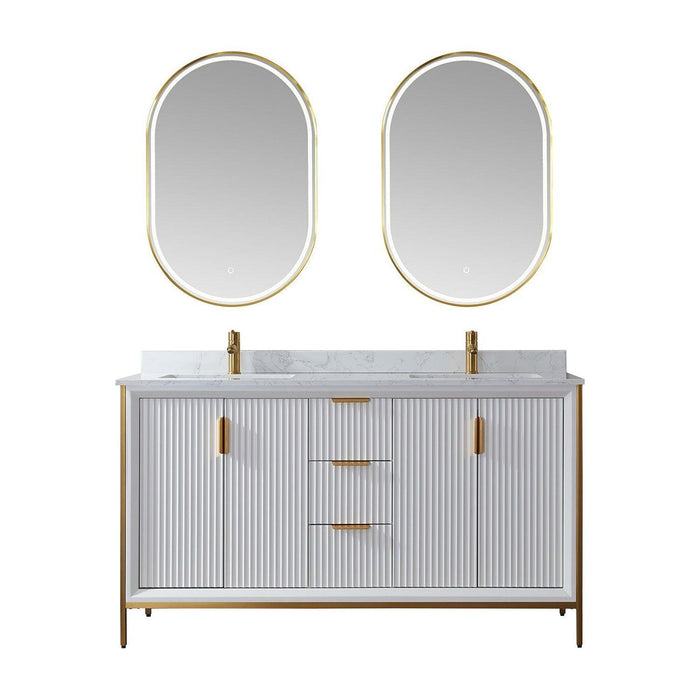 Vinnova Granada Double Vanity with White Composite Grain Stone Countertop With Mirror