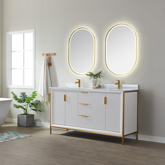 Vinnova Granada Double Vanity with White Composite Grain Stone Countertop With Mirror