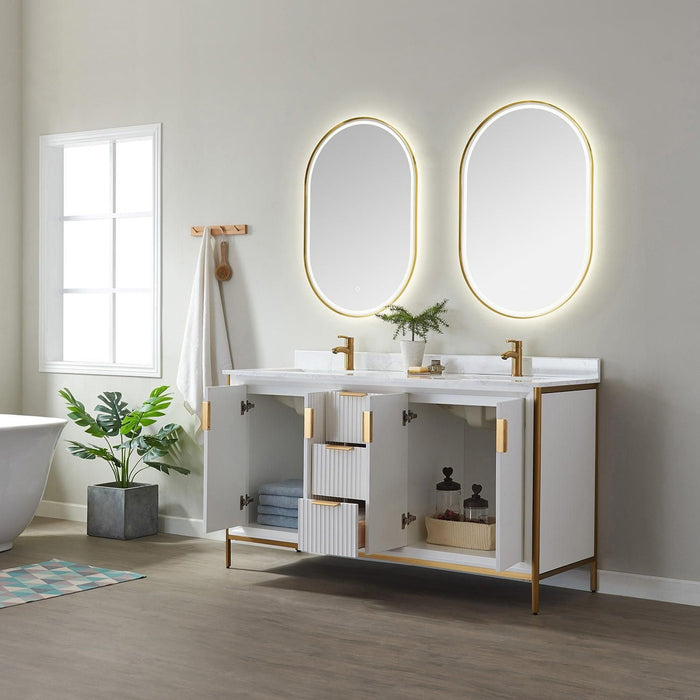 Vinnova Granada Double Vanity with White Composite Grain Stone Countertop With Mirror