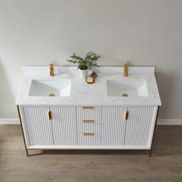 Vinnova Granada Double Vanity with White Composite Grain Stone Countertop With Mirror