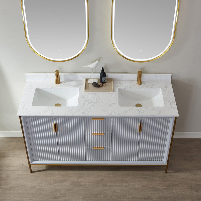 Vinnova Granada Double Vanity with White Composite Grain Stone Countertop With Mirror