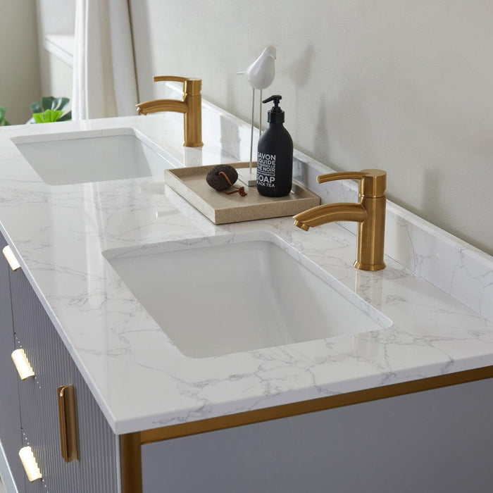 Vinnova Granada Double Vanity with White Composite Grain Stone Countertop With Mirror