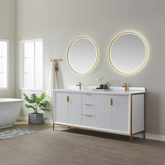 Vinnova Granada Double Vanity with White Composite Grain Stone Countertop With Mirror