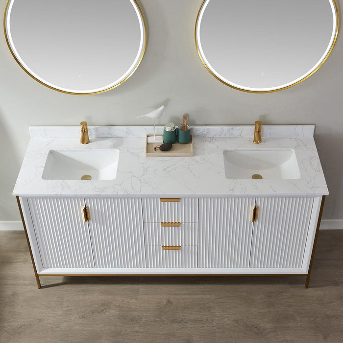 Vinnova Granada Double Vanity with White Composite Grain Stone Countertop With Mirror