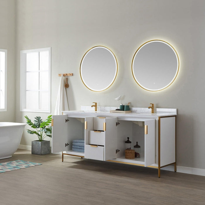 Vinnova Granada Double Vanity with White Composite Grain Stone Countertop With Mirror