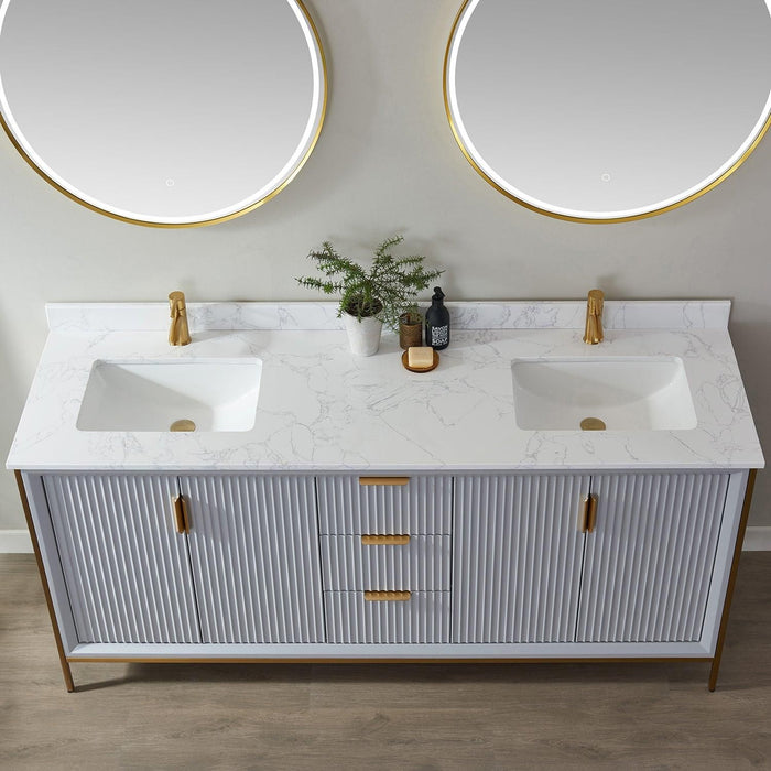 Vinnova Granada Double Vanity with White Composite Grain Stone Countertop With Mirror