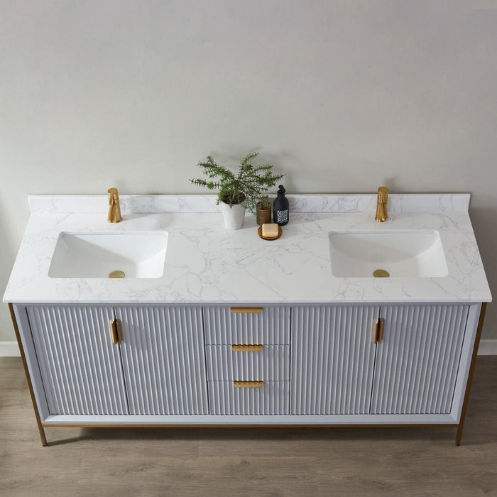 Vinnova Granada Double Vanity with White Composite Grain Stone Countertop With Mirror