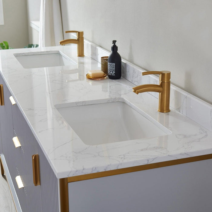 Vinnova Granada Double Vanity with White Composite Grain Stone Countertop With Mirror