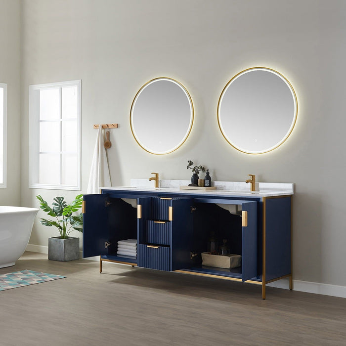 Vinnova Granada Double Vanity with White Composite Grain Stone Countertop With Mirror