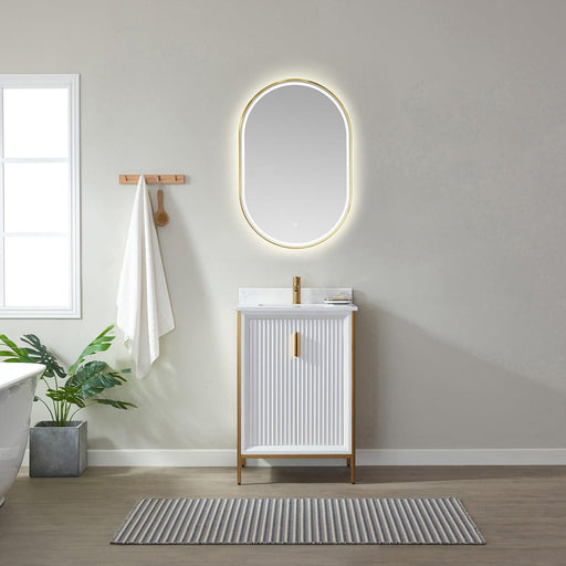 Vinnova Granada Single Vanity with White Composite Grain Stone Countertop With Mirror