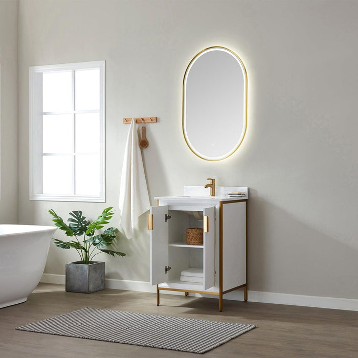 Vinnova Granada Single Vanity with White Composite Grain Stone Countertop With Mirror