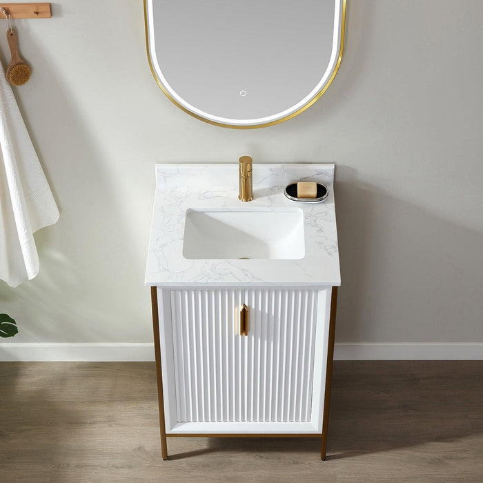 Vinnova Granada Single Vanity with White Composite Grain Stone Countertop With Mirror