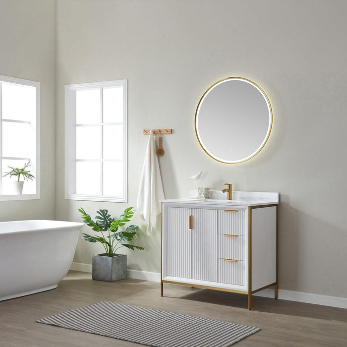 Vinnova Granada Single Vanity with White Composite Grain Stone Countertop With Mirror