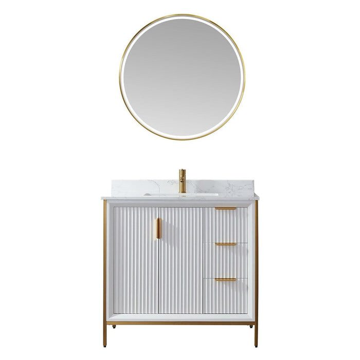 Vinnova Granada Single Vanity with White Composite Grain Stone Countertop With Mirror