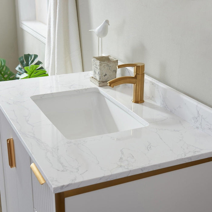 Vinnova Granada Single Vanity with White Composite Grain Stone Countertop With Mirror