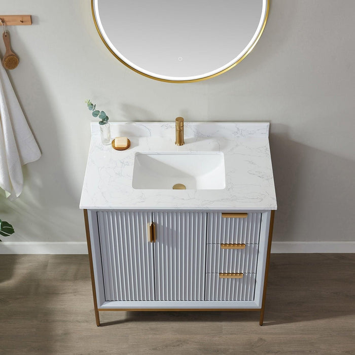 Vinnova Granada Single Vanity with White Composite Grain Stone Countertop With Mirror