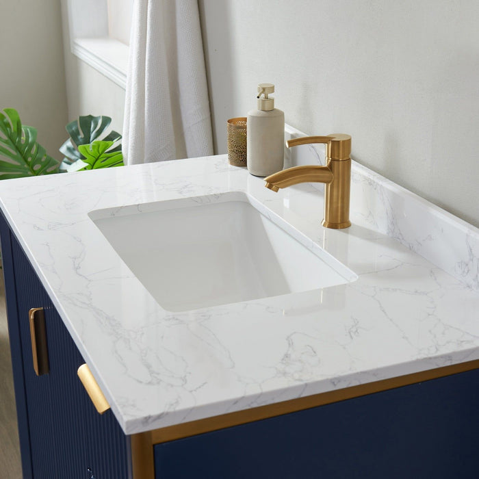 Vinnova Granada Single Vanity with White Composite Grain Stone Countertop With Mirror