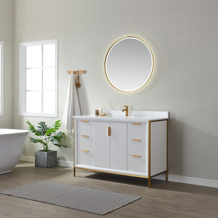 Vinnova Granada Single Vanity with White Composite Grain Stone Countertop With Mirror