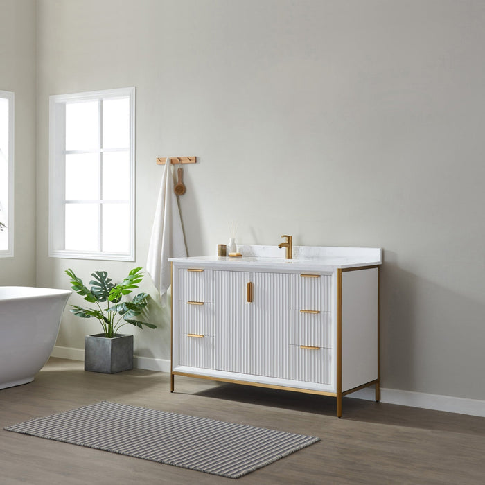 Vinnova Granada Single Vanity with White Composite Grain Stone Countertop With Mirror