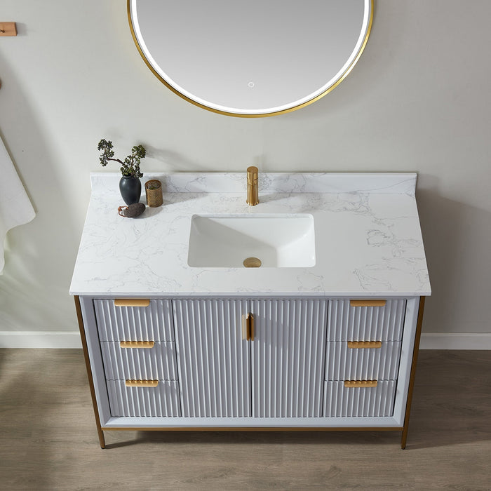 Vinnova Granada Single Vanity with White Composite Grain Stone Countertop With Mirror