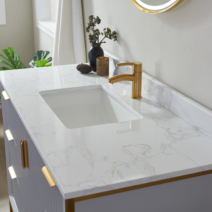 Vinnova Granada Single Vanity with White Composite Grain Stone Countertop With Mirror