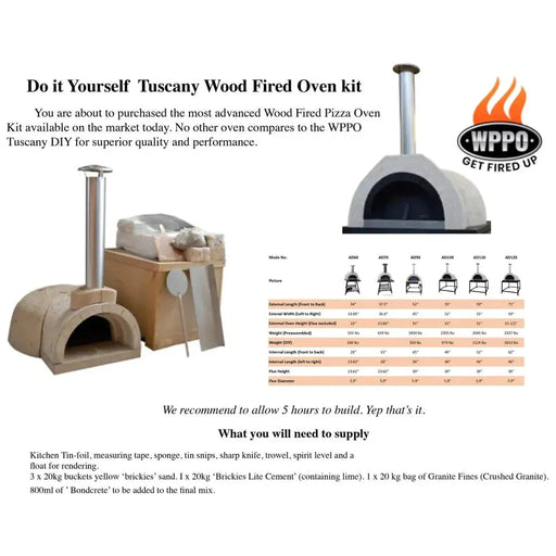 WPPO DIY 55-Inch D x 52-Inch W x 31-Inch H Tuscany Wood Fired Pizza Oven with Stainless Steel Flue & Black Door WDIY-AD100