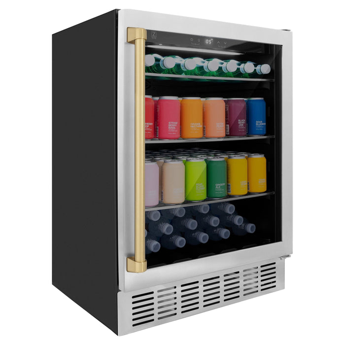 ZLINE 24" Autograph 154 Can Beverage Fridge in Stainless Steel with Champagne Bronze Accents - Monument Series, RBVZ-US-24-CB