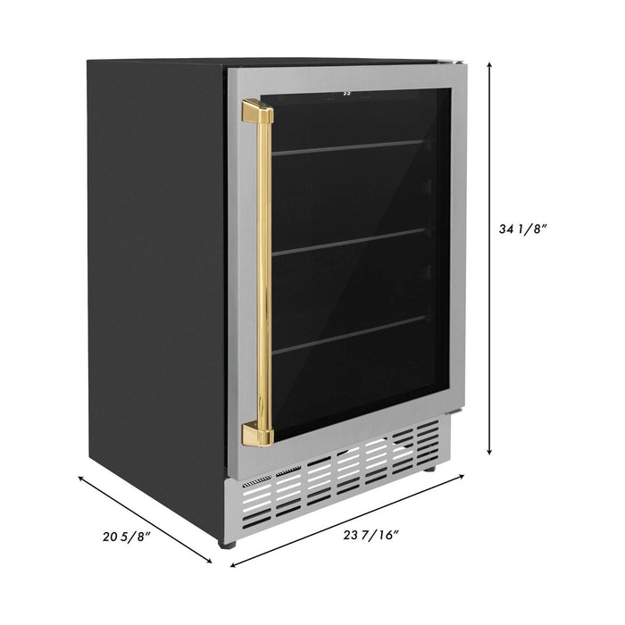 ZLINE 24" Autograph 154 Can Beverage Fridge in Stainless Steel with Gold Accents - Monument Series, RBVZ-US-24-G