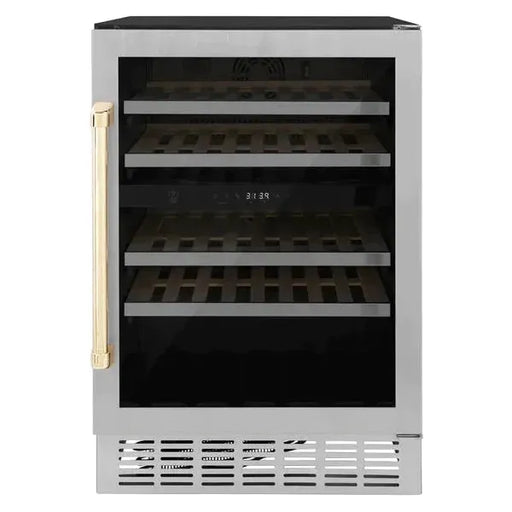 ZLINE 24" Autograph Dual Zone 44-Bottle Wine Cooler in Stainless Steel with Gold Accents, RWVZ-UD-24-G