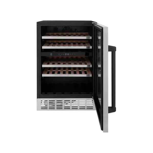 ZLINE 24" Autograph Dual Zone 44-Bottle Wine Cooler in Stainless Steel with Matte Black Accents, RWVZ-UD-24-MB