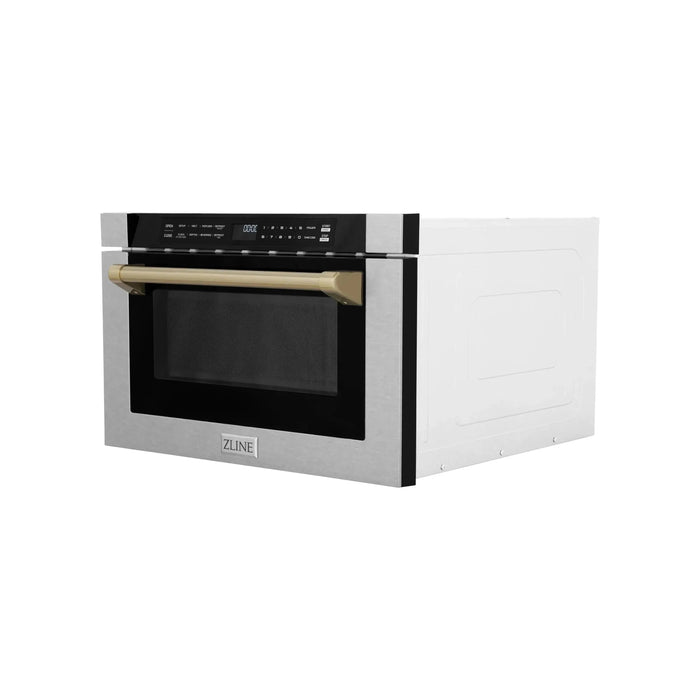 ZLINE 24 In. 1.2 cu. ft. Built-in Microwave Drawer with a Traditional Handle in Fingerprint Resistant Stainless Steel and Champagne Bronze Accents, MWDZ-1-SS-H-CB