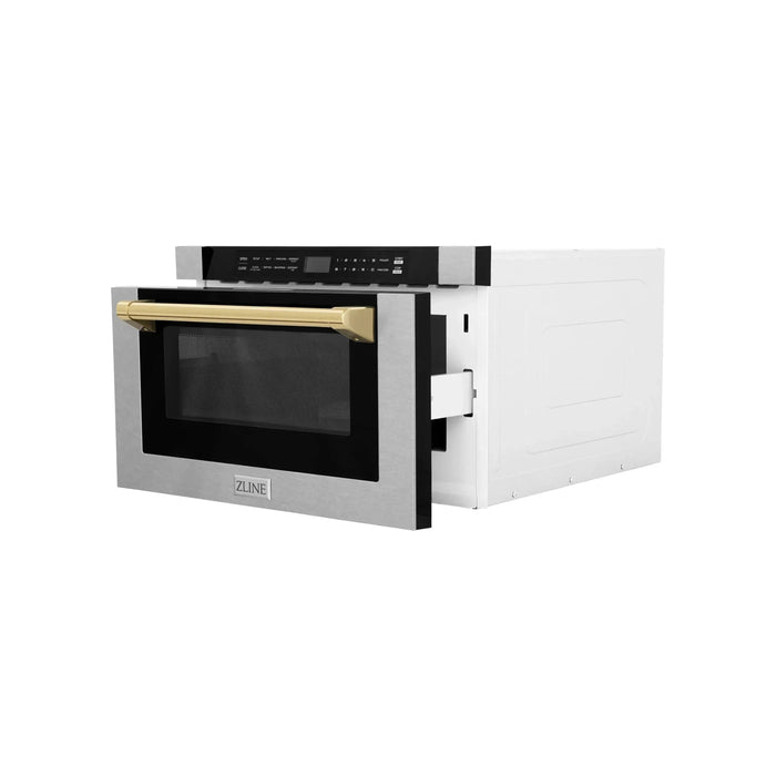 ZLINE 24 In. 1.2 cu. ft. Built-in Microwave Drawer with a Traditional Handle in Fingerprint Resistant Stainless Steel and Gold Accents, MWDZ-1-SS-H-G