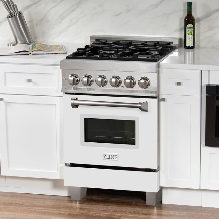 ZLINE 24 in. 2.8 cu. ft. Dual Fuel Range with Gas Stove and Electric Oven In DuraSnow Stainless Steel and White Matte Door RAS-WM-24