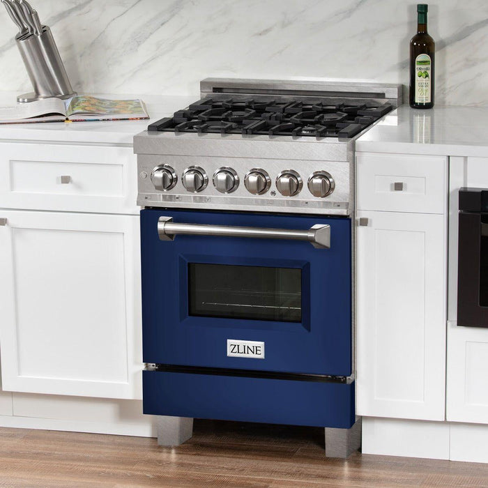 ZLINE 24 in. 2.8 cu. ft. Professional Range with Gas Burner and Electric Oven DuraSnow Stainless Steel with Blue Gloss Door RAS-BG-24