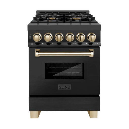 ZLINE 24 in. Autograph Edition Dual Fuel Range In Black Stainless Steel with Gold Accents RABZ-24-G