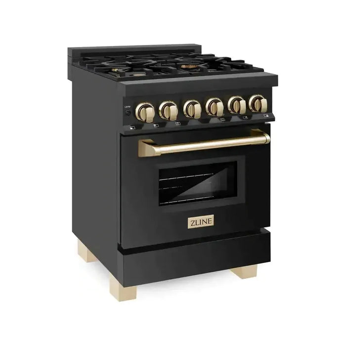 ZLINE 24 in. Autograph Edition Dual Fuel Range In Black Stainless Steel with Gold Accents RABZ-24-G