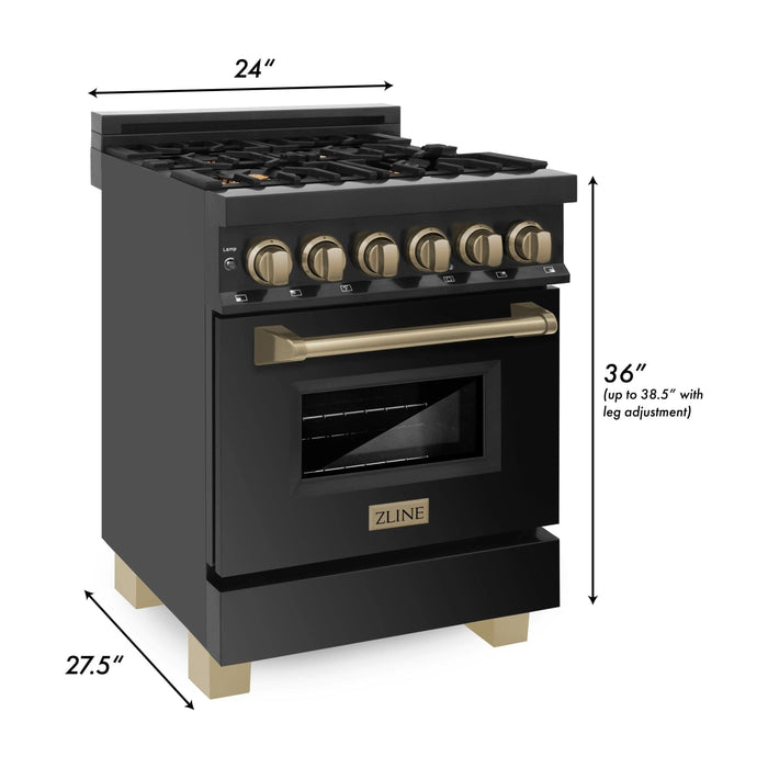 ZLINE 24 in. Autograph Edition Dual Fuel Range In Black Stainless Steel with Gold Accents RABZ-24-G