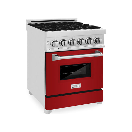 ZLINE 24 in. Professional Range with Gas Burner and Electric Oven In DuraSnow with Red Gloss Door RAS-RG-24