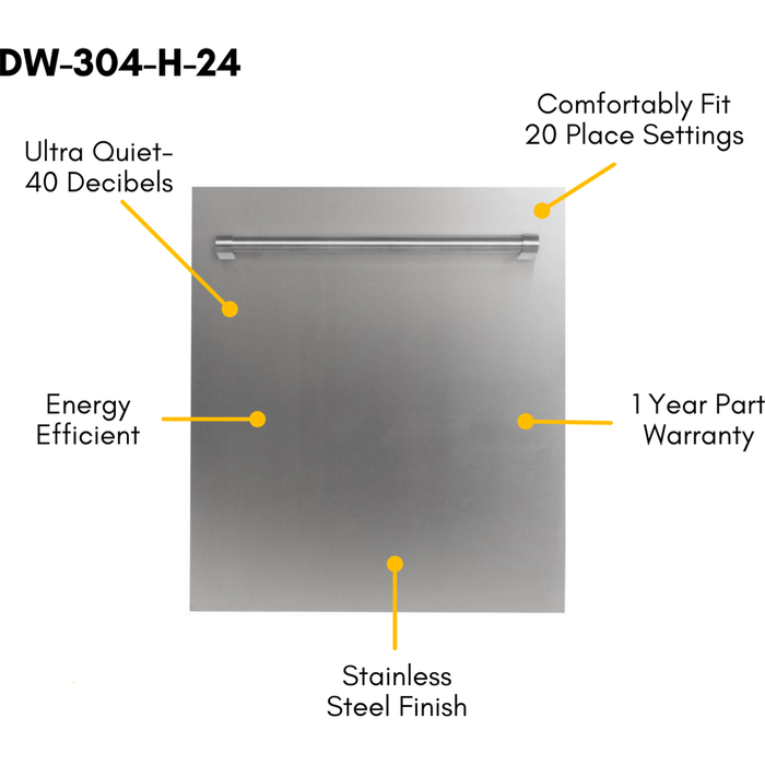 ZLINE 24 in. Top Control Dishwasher in Stainless Steel and Traditional Style Handle DW-304-H-24