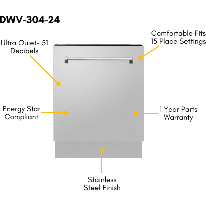 ZLINE 24 in. Top Control Tall Dishwasher In Stainless Steel with 3rd Rack DWV-304-24