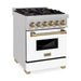 ZLINE 24 Inch Autograph Edition Dual Fuel Range In DuraSnow Stainless Steel with White Matte Door and Champagne Bronze Accents RASZ-WM-24-CB