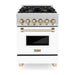 ZLINE 24 Inch Autograph Edition Dual Fuel Range In DuraSnow Stainless Steel with White Matte Door and Gold Accents RASZ-WM-24-G