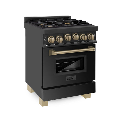 ZLINE 24 Inch Autograph Edition Gas Range in Black Stainless Steel with Champagne Bronze Accents, RGBZ-24-CB