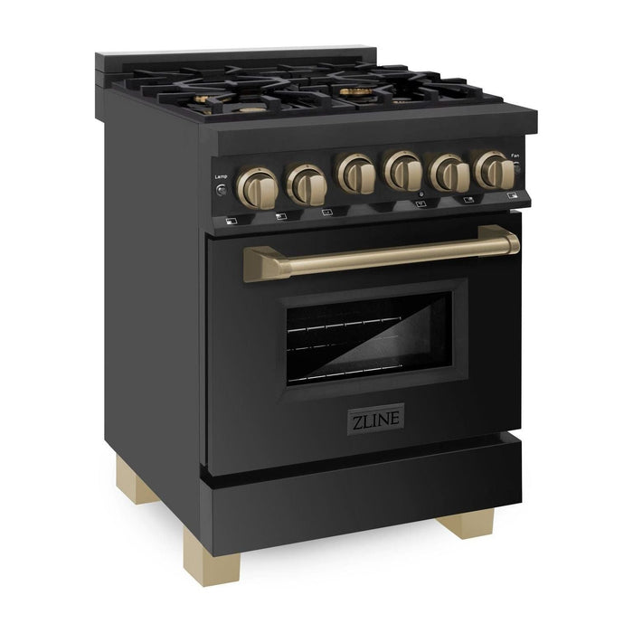 ZLINE 24 Inch Autograph Edition Gas Range in Black Stainless Steel with Champagne Bronze Accents, RGBZ-24-CB