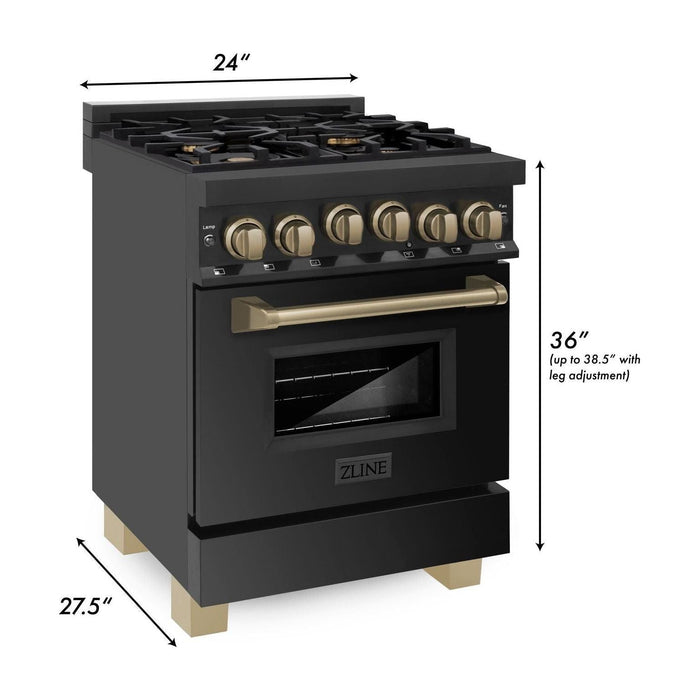 ZLINE 24 Inch Autograph Edition Gas Range in Black Stainless Steel with Champagne Bronze Accents, RGBZ-24-CB